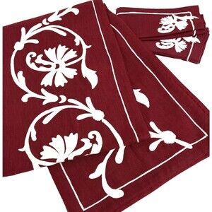 Table Runner & Set of 4 Napkins WILLIAMS SONOMA 16"x90"Scroll Embroidery Crewel